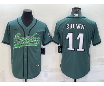 Men's Philadelphia Eagles #11 AJ Brown Green With Patch Cool Base Stitched Baseball Jersey