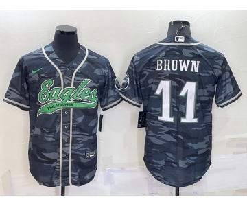 Men's Philadelphia Eagles #11 AJ Brown Grey Camo With Patch Cool Base Stitched Baseball Jersey