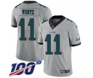 Men's Philadelphia Eagles #11 Carson Wentz Limited Silver Inverted Legend 100th Season Football Jersey