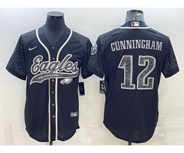 Men's Philadelphia Eagles #12 Randall Cunningham Black Reflective With Patch Cool Base Stitched Baseball Jersey