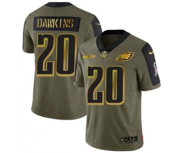 Men's Philadelphia Eagles #20 Brian Dawkins 2021 Olive Camo Salute To Service Golden Limited Stitched Football Jersey