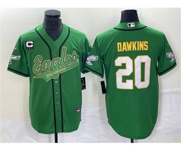 Men's Philadelphia Eagles #20 Brian Dawkins Green Gold With C Patch Cool Base Baseball Stitched Jersey