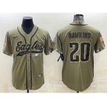 Men's Philadelphia Eagles #20 Brian Dawkins Olive 2022 Salute To Service Cool Base Stitched Baseball Jersey