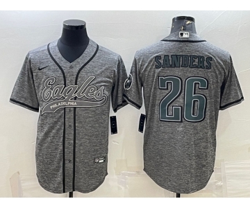 Men's Philadelphia Eagles #26 Miles Sanders Grey Gridiron With Patch Cool Base Stitched Baseball Jersey