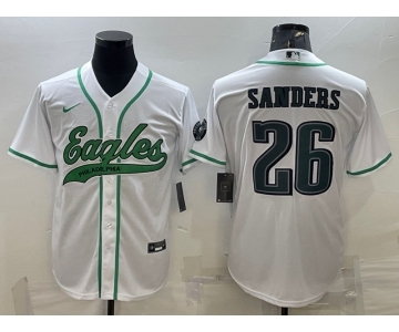 Men's Philadelphia Eagles #26 Miles Sanders White With Patch Cool Base Stitched Baseball Jersey