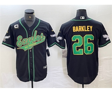 Men's Philadelphia Eagles #26 Saquon Barkley Black Gold With 3-star C Patch Cool Base Baseball Stitched Jersey