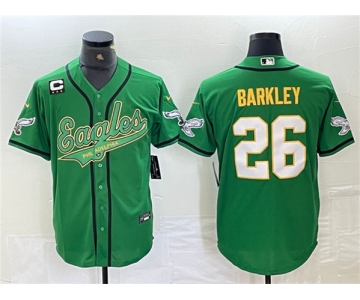 Men's Philadelphia Eagles #26 Saquon Barkley Green Gold With 3-star C Patch Cool Base Baseball Stitched Jersey