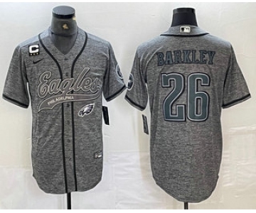 Men's Philadelphia Eagles #26 Saquon Barkley Grey Gridiron With C Patch Cool Base Stitched Baseball Jersey