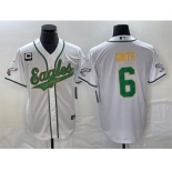 Men's Philadelphia Eagles #6 DeVonta Smith White Gold With C Patch Cool Base Stitched Baseball Jersey