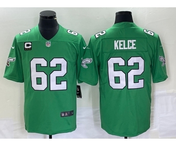 Men's Philadelphia Eagles #62 Jason Kelce Green C Patch 2023 Vapor Limited Throwback Jersey