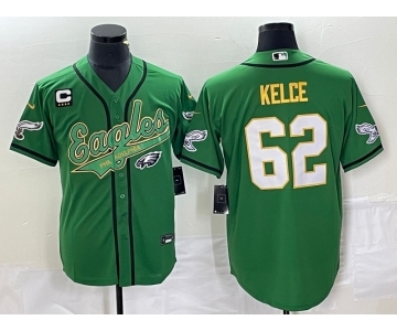 Men's Philadelphia Eagles #62 Jason Kelce Green Gold C Patch Cool Base Stitched Baseball Jersey