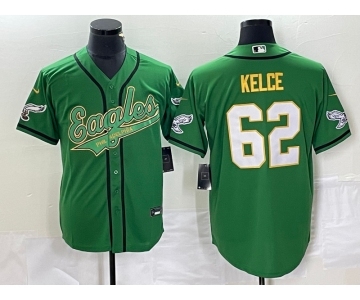 Men's Philadelphia Eagles #62 Jason Kelce Green Gold Cool Base Stitched Baseball Jersey