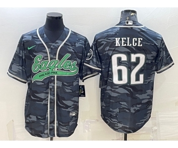 Men's Philadelphia Eagles #62 Jason Kelce Grey Camo With Patch Cool Base Stitched Baseball Jersey