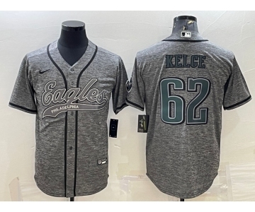 Men's Philadelphia Eagles #62 Jason Kelce Grey Gridiron Patch Cool Base Stitched Baseball Jersey