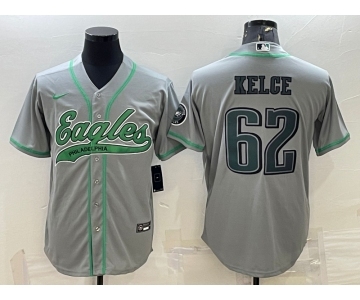 Men's Philadelphia Eagles #62 Jason Kelce Grey With Patch Cool Base Stitched Baseball Jersey