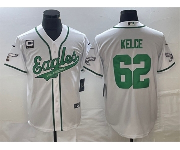 Men's Philadelphia Eagles #62 Jason Kelce White With C Patch Cool Base Stitched Baseball Jersey