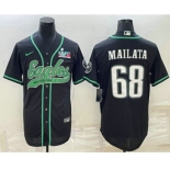 Men's Philadelphia Eagles #68 Jordan Mailata Black With Super Bowl LVII Patch Cool Base Stitched Baseball Jersey