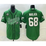 Men's Philadelphia Eagles #68 Jordan Mailata Green C Patch Cool Base Stitched Baseball Jersey