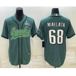 Men's Philadelphia Eagles #68 Jordan Mailata Green With Super Bowl LVII Patch Cool Base Stitched Baseball Jersey