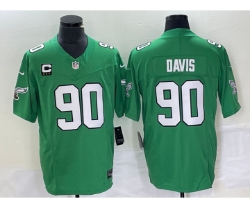 Men's Philadelphia Eagles #90 Jordan Davis Green C Patch 2023 FUSE Vapor Limited Throwback Stitched Jersey