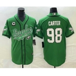 Men's Philadelphia Eagles #98 Jalen Carter Green C Patch Cool Base Stitched Baseball Jersey