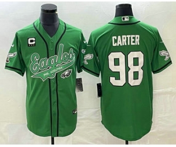 Men's Philadelphia Eagles #98 Jalen Carter Green C Patch Cool Base Stitched Baseball Jersey