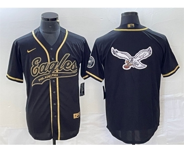 Men's Philadelphia Eagles Black Gold Team Big Logo Cool Base Stitched Baseball Jersey