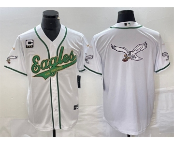 Men's Philadelphia Eagles White Gold Team Big Logo With C Patch Cool Base Stitched Baseball Jersey