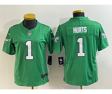 Women's Philadelphia Eagles #1 Jalen Hurts Green 2023 F.U.S.E. Stitched Football Jersey(Run Small)