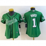 Women's Philadelphia Eagles #1 Jalen Hurts Green Cool Base Stitched Baseball Jersey