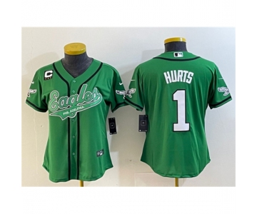 Women's Philadelphia Eagles #1 Jalen Hurts Green With 3-Star C Cool Base Stitched Baseball Jersey