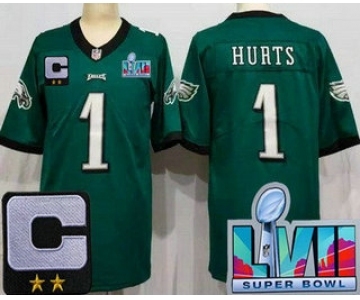 Women's Philadelphia Eagles #1 Jalen Hurts Limited Green C Patch Super Bowl LVII Vapor Jersey