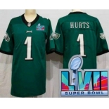 Women's Philadelphia Eagles #1 Jalen Hurts Limited Green Super Bowl LVII Vapor Jersey