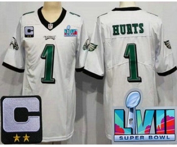 Women's Philadelphia Eagles #1 Jalen Hurts Limited White C Patch Super Bowl LVII Vapor Jersey