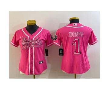 Women's Philadelphia Eagles #1 Jalen Hurts Pink Cool Base Stitched Baseball Jersey