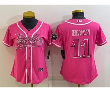 Women's Philadelphia Eagles #11 AJ Brown Pink With Patch Cool Base Stitched Baseball Jersey