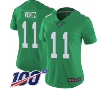 Women's Philadelphia Eagles #11 Carson Wentz Limited Green Rush Vapor Untouchable 100th Season Football Jersey