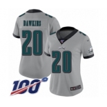 Women's Philadelphia Eagles #20 Brian Dawkins Limited Silver Inverted Legend 100th Season Football Jersey