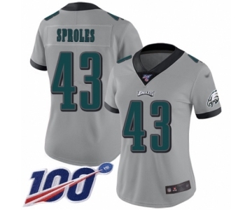 Women's Philadelphia Eagles #43 Darren Sproles Limited Silver Inverted Legend 100th Season Football Jersey