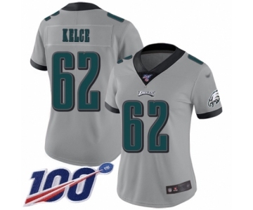 Women's Philadelphia Eagles #62 Jason Kelce Limited Silver Inverted Legend 100th Season Football Jersey