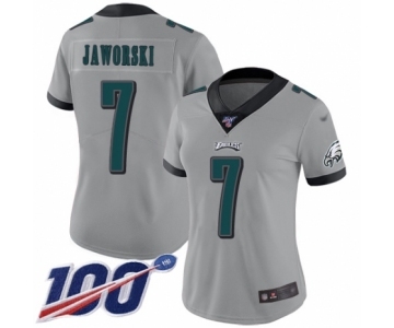 Women's Philadelphia Eagles #7 Ron Jaworski Limited Silver Inverted Legend 100th Season Football Jersey