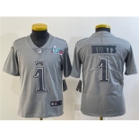 Youth Philadelphia Eagles #1 Jalen Hurts Gray Super Bowl LVII Patch Atmosphere Fashion Stitched Football Jersey