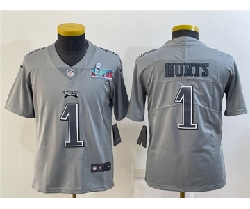 Youth Philadelphia Eagles #1 Jalen Hurts Gray Super Bowl LVII Patch Atmosphere Fashion Stitched Football Jersey