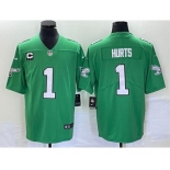 Youth Philadelphia Eagles #1 Jalen Hurts Green Vapor Limited With C Patch Stitched Football Jersey