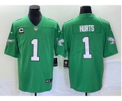 Youth Philadelphia Eagles #1 Jalen Hurts Green Vapor Limited With C Patch Stitched Football Jersey