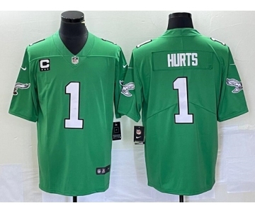 Youth Philadelphia Eagles #1 Jalen Hurts Green Vapor Limited With C Patch Stitched Football Jersey