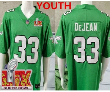 Youth Philadelphia Eagles #33 Cooper DeJean Limited Kelly Green Super Bowl LIX Vapor Jersey