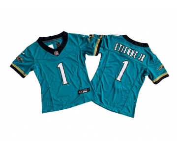 Women's Jacksonville Jaguars #1 Travis Etienne JR Teal 2024 F.U.S.E. Prowler Throwback Vapor Limited Football Stitched Jersey