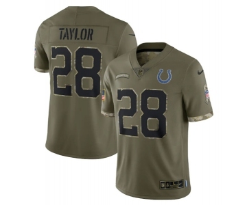 Men's Indianapolis Colts #28 Jonathan Taylor 2022 Olive Salute To Service Limited Stitched Jersey