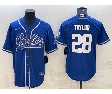 Men's Indianapolis Colts #28 Jonathan Taylor Blue With Patch Cool Base Stitched Baseball Jersey